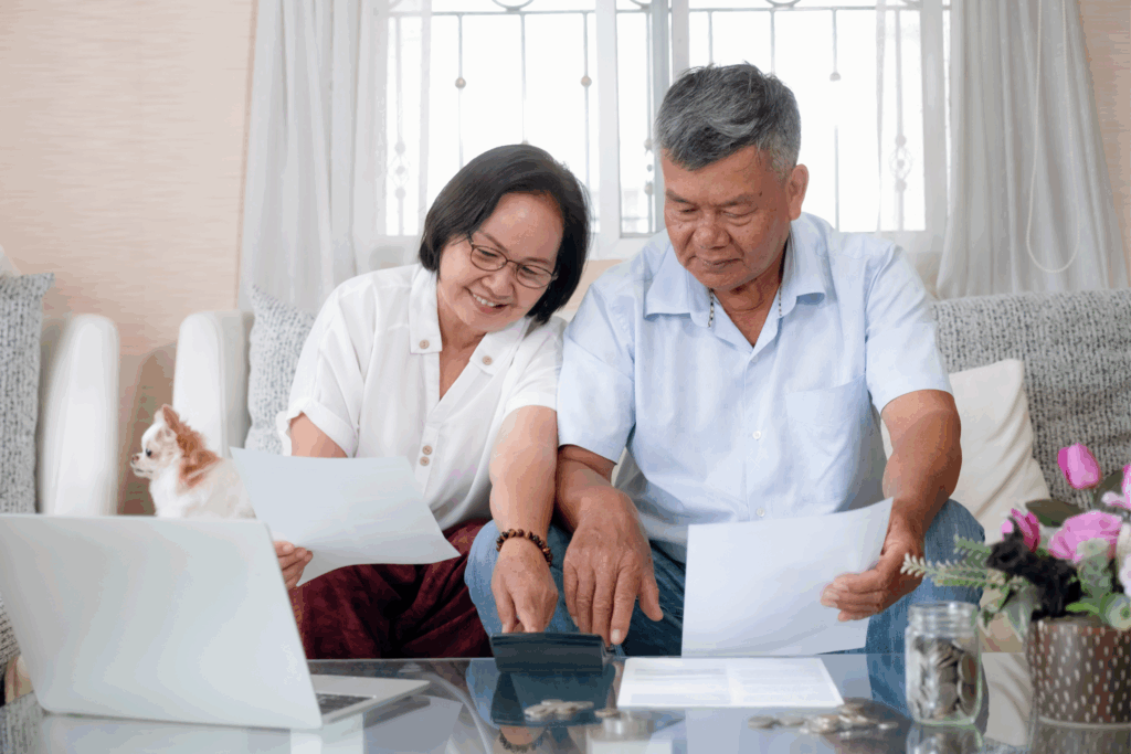 An older Asian couple smiling while going over their finances.