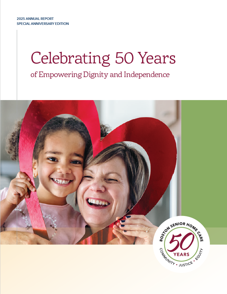 2025 Annual Report cover: "Celebrating 50 Years of Empowering Dignity and Independence" - featuring an image of a woman hugging a child joyfully, holding a large cut out paper heart.